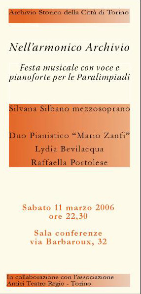 Festa musicale con voce e pianoforte per le Paralimpiadi - inizio ore 22,30 - Silvana Silbano mezzosoprano, Duo Pianistico "Mario Zanfi" - Musiche di Grieg, Brahms, Chopin, Bizet, Ravel ...