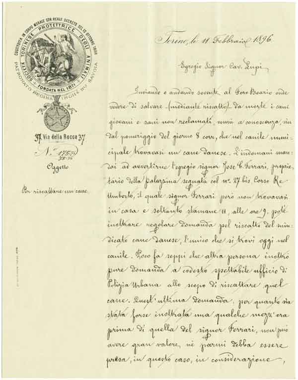 Lettera di intercessione della Societ&agrave; Protettrice degli Animali 