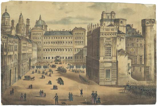 piazza Castello. In primo piano un omnibus