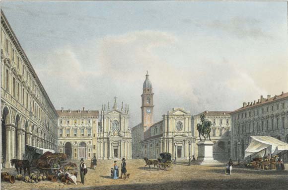 Piazza Sana Carlo. Carretti trainati da cavalli in primo piano