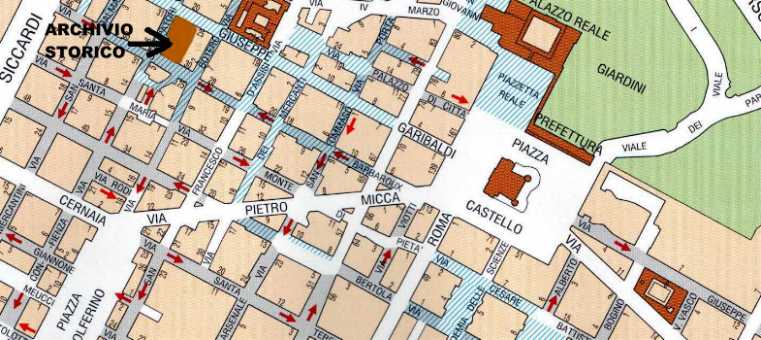 Piantina con l'ubicazione della sede dell'Archivio Storico: isolato via Barbaroux, Botero, Garibaldi, Stampatori